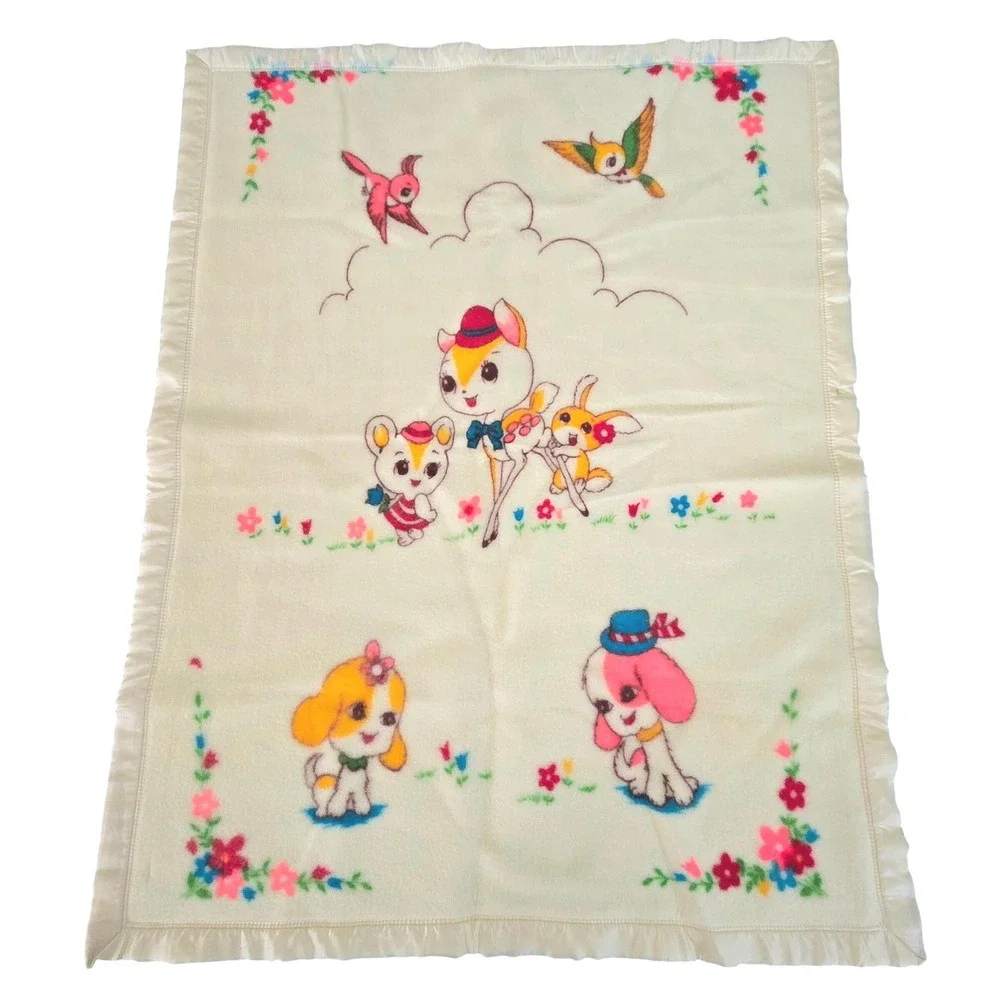 Vintage Satin Trim Infants Baby Blanket Cream Yellow Animal‎ Theme Taiwan